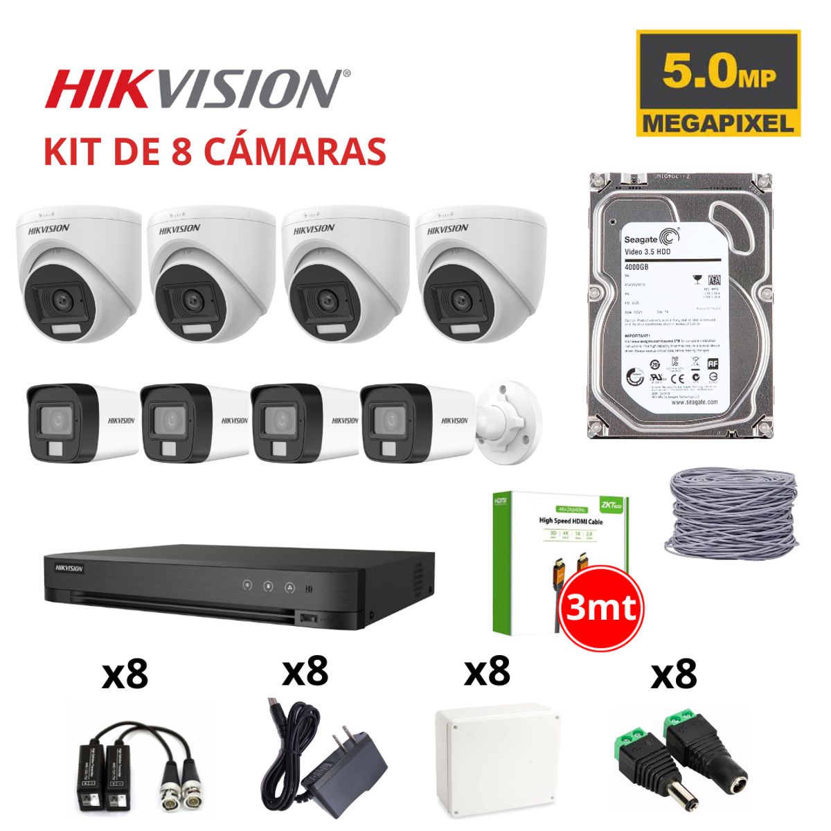 HIKVISION - KIT 8 CÁMARAS DE SEGURIDAD 5MP CON AUDIO + DISCO SEAGATE 1TB + HDMI 3M
