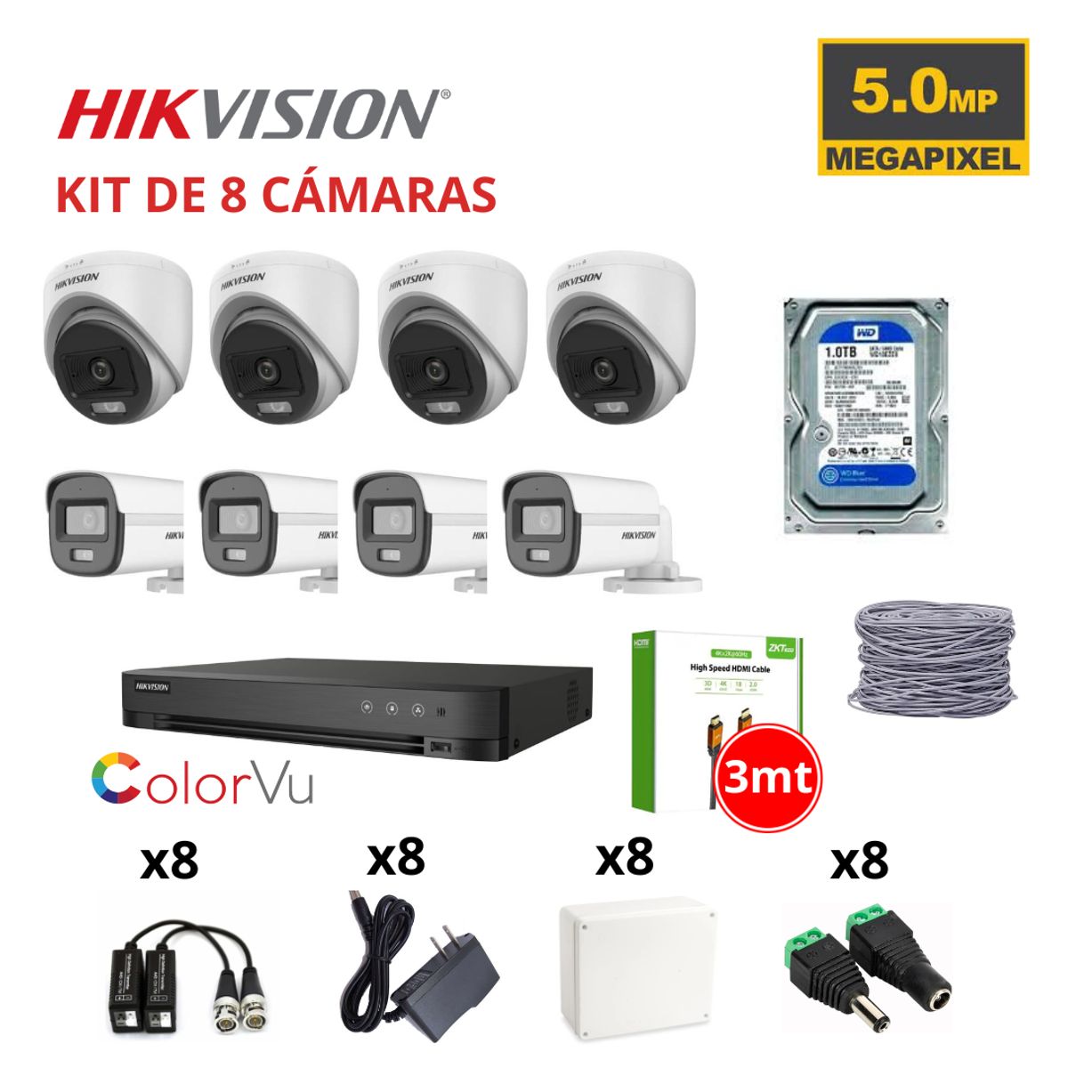 HIKVISION - KIT 8 CÁMARAS DE SEGURIDAD 5MP COLOR VU C/AUDIO + DISCO SEAGATE 1TB