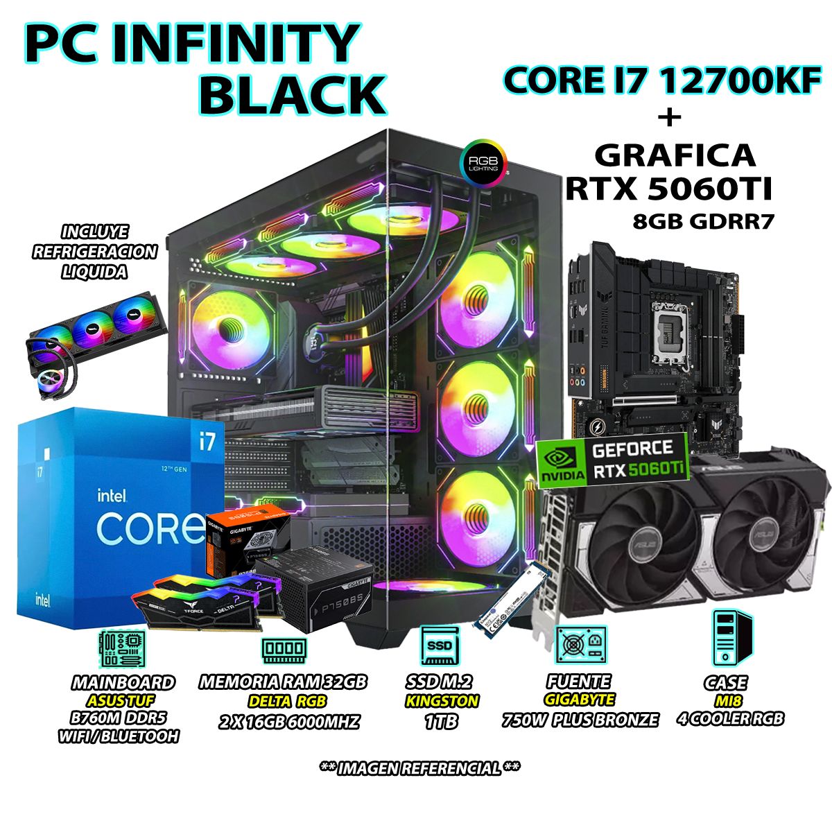 INTEL - Computadora PC Gamer INTEL I7 12700KF RAM 32GB SSD 1TB GRAFICA RTX 5060TI 8GB