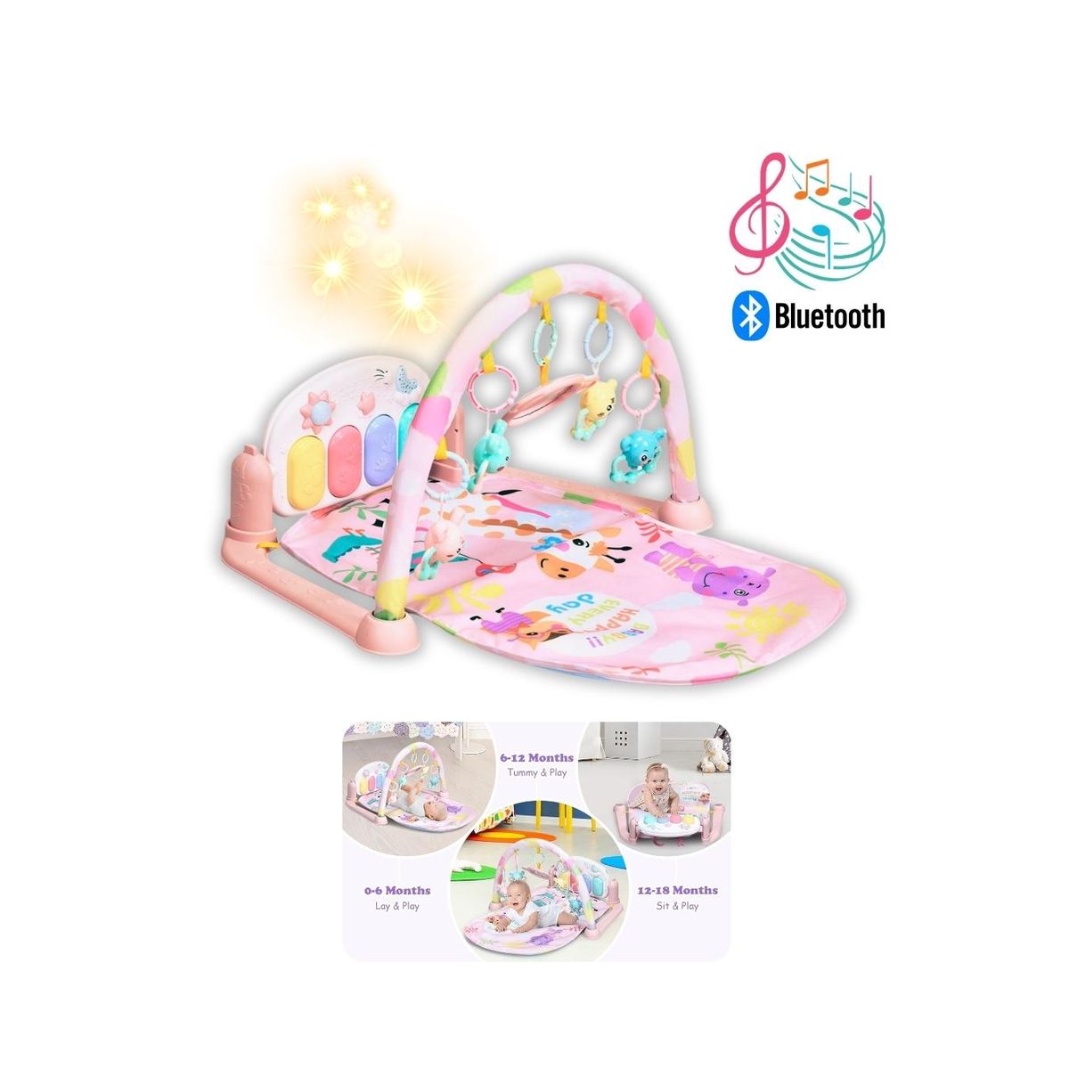GENERICO - Gimnasio Interactivo Rosado 6en1 para Bebé - Piano Musical Proyector y Bluetooth