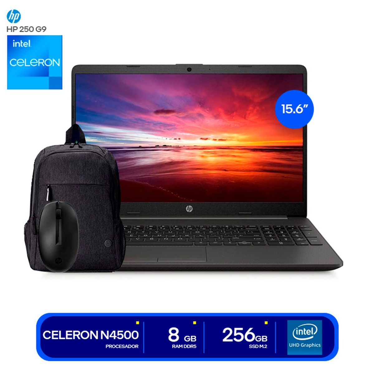 HP - Laptop HP 250 G9 Intel Celeron N4500 8GB RAM 256GB SSD 15.6" HD Free Dos Mochila y Mouse - A12FJLA