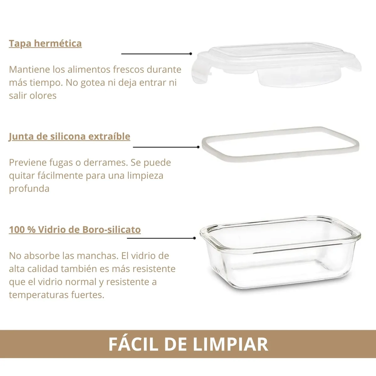PENTHA - Taper de Vidrio Hermético Rectangular Set de 3 Unidades