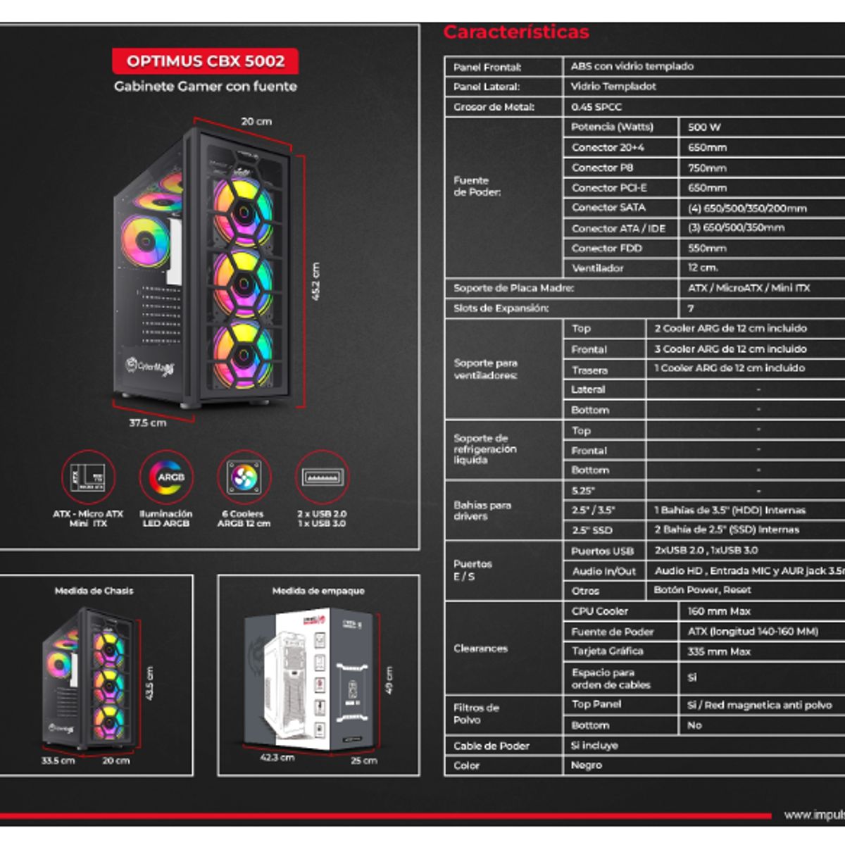 CYBERTEL - Case Gamer OPTIMUS CBX5002 PSU 500W USB3. 0 6FAN ARGB CYBERTEL