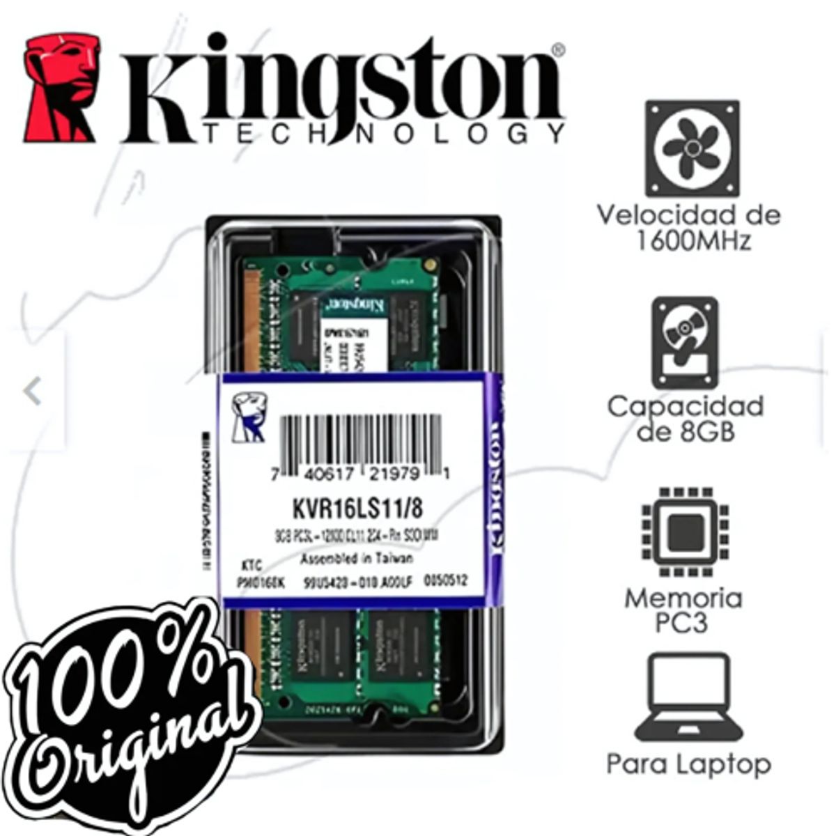 KINGSTON - MEMORIA RAM DDR3 PC3 1600MHZ  8GB KINGSTON PARA LAPTOP