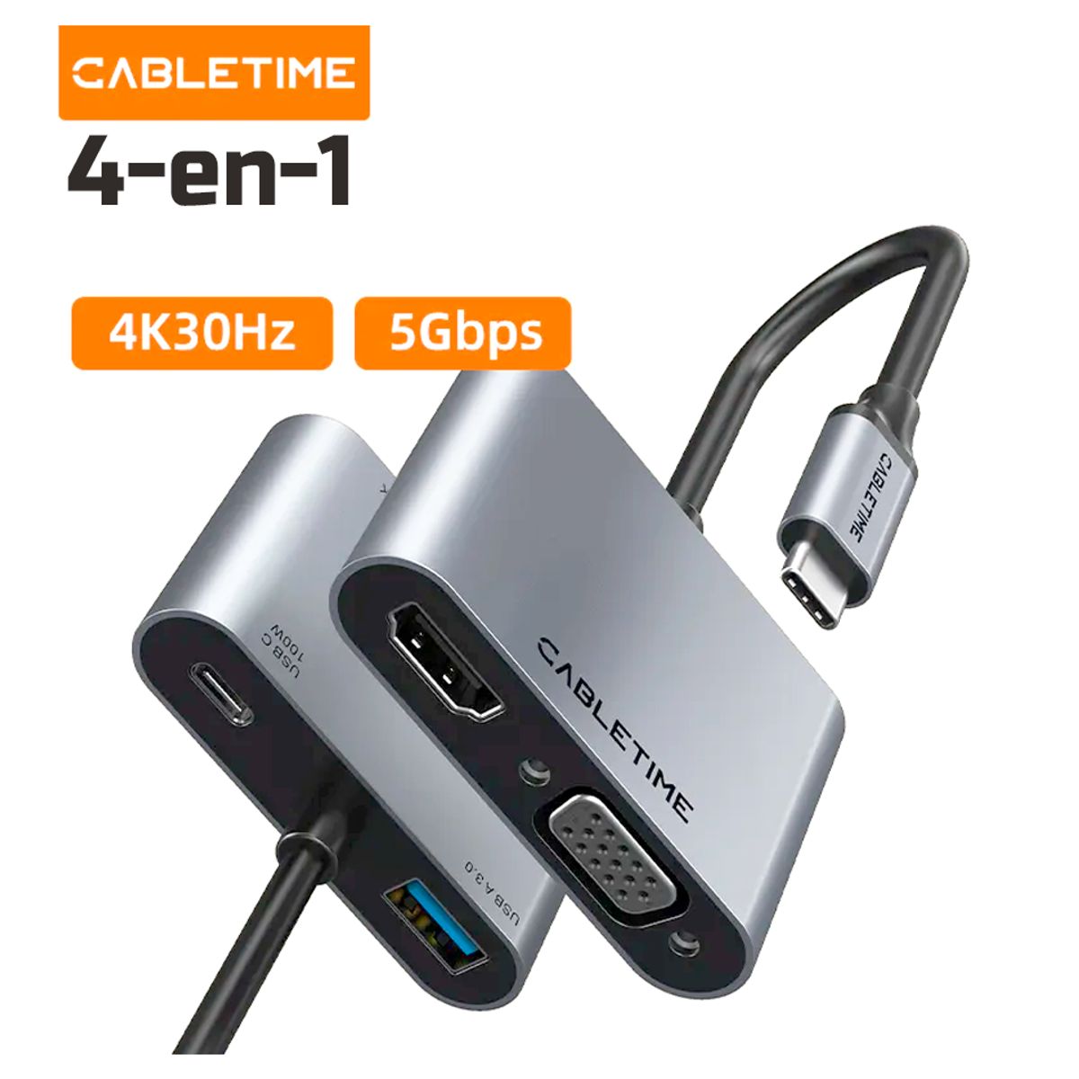 GENERICO - Adaptador USB Tipo C a HDMI VGA 4en1 Usb A cabletime
