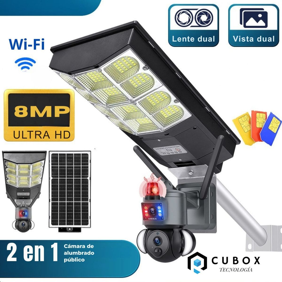 OEM - Cámara doble lente con panel solar y chip 4g + luminaria con zoom óptico 50 metros