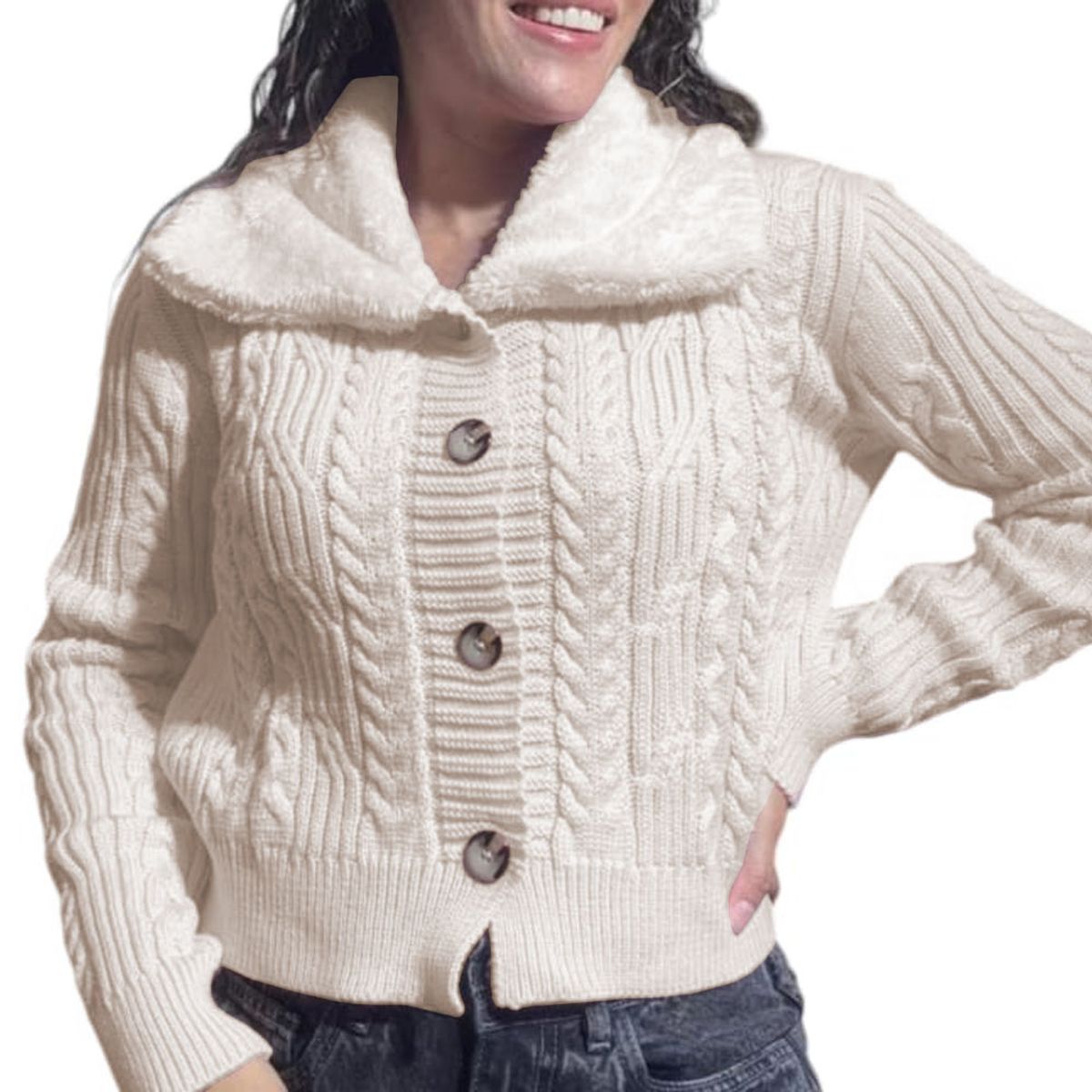 GENERICO - Chompa Mujer Hilo Camisero De Peluche 359G-25 Color Perla