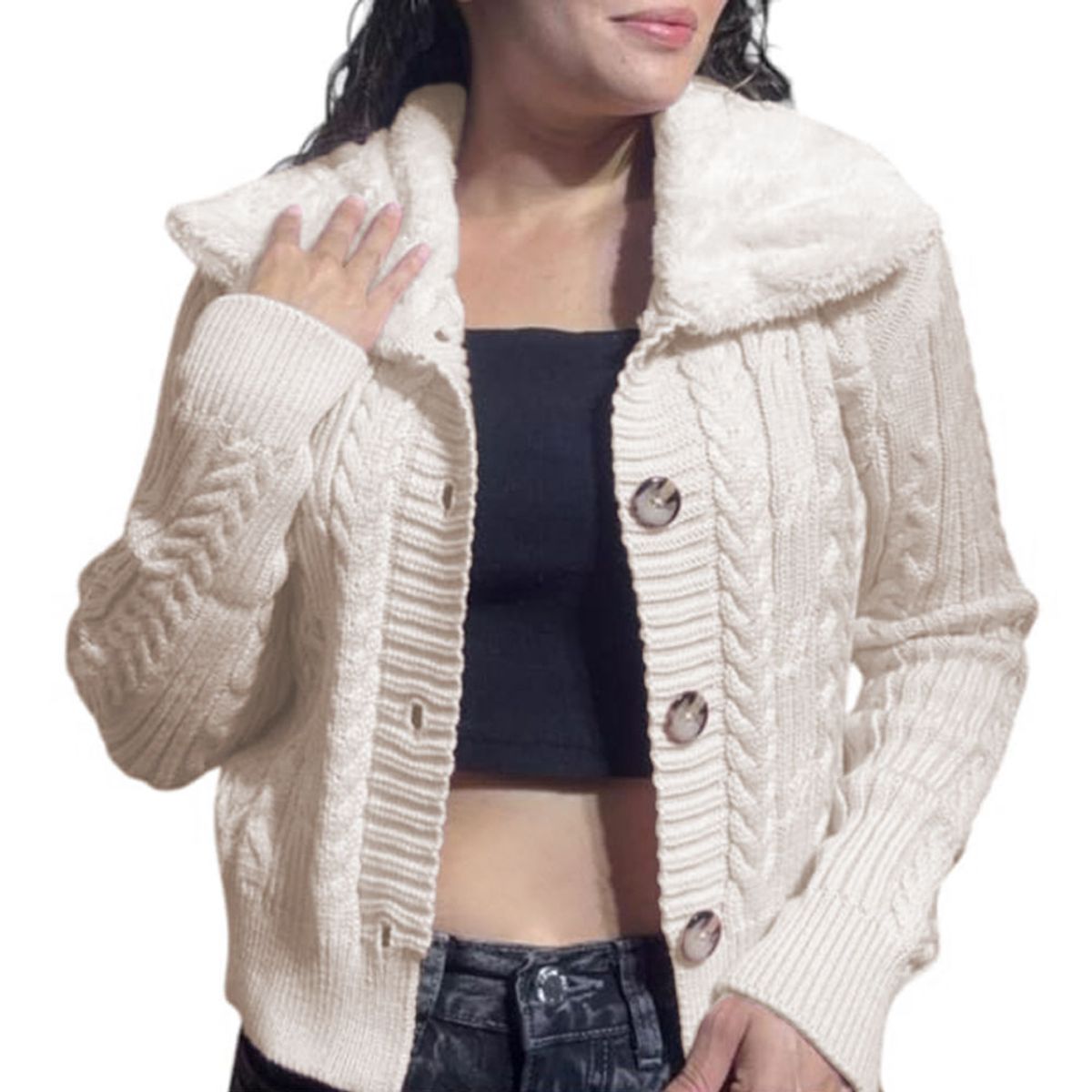 GENERICO - Chompa Mujer Hilo Camisero De Peluche 359G-25 Color Perla