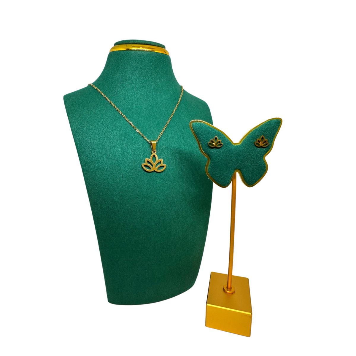 GENERICO - Pack Acero Collar con dije y Aretes - Flor de Loto Dorada