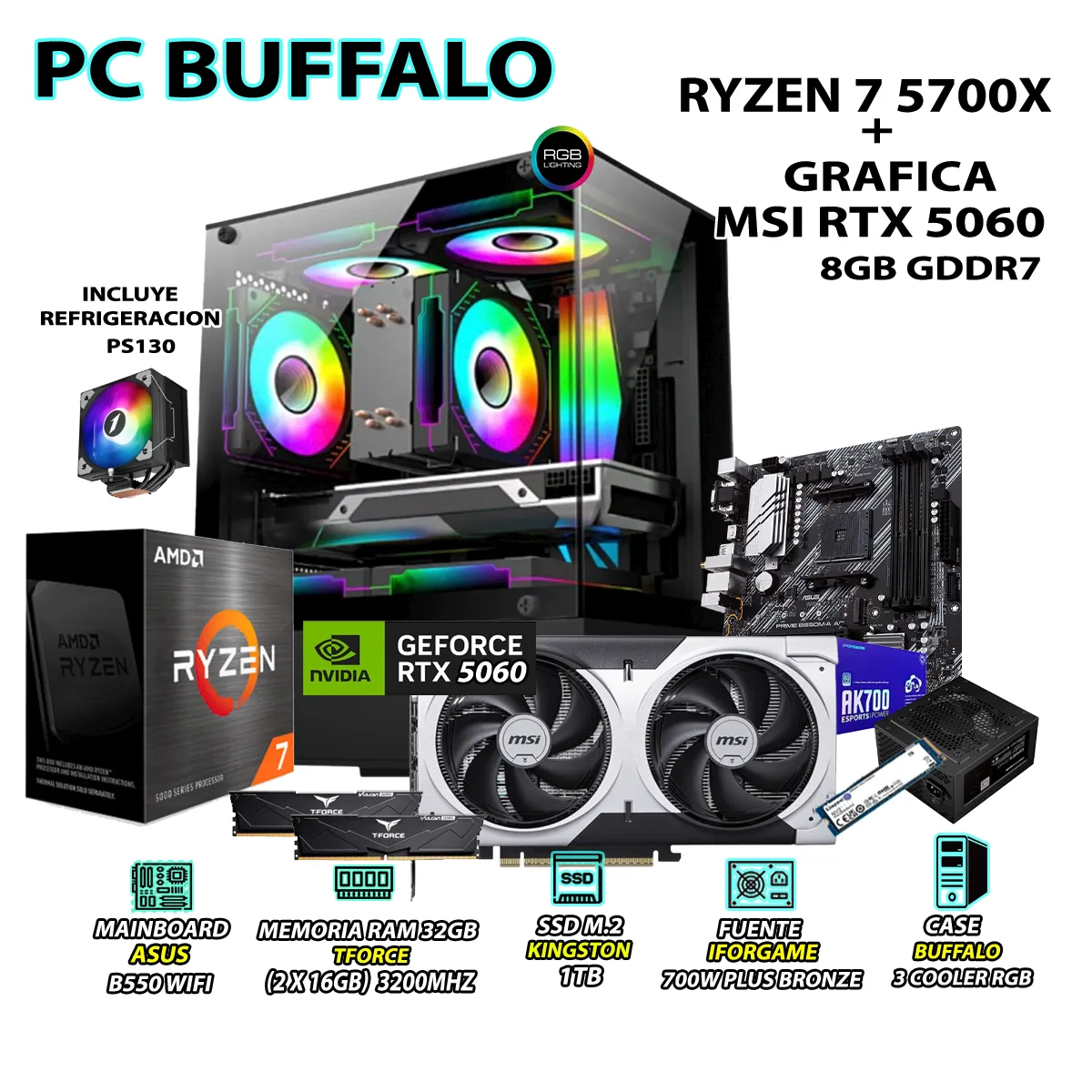 AMD - Computadora PC RYZEN 7 5700X RAM 32GB SSD 1TB GRAFICA RTX 5060 8GB