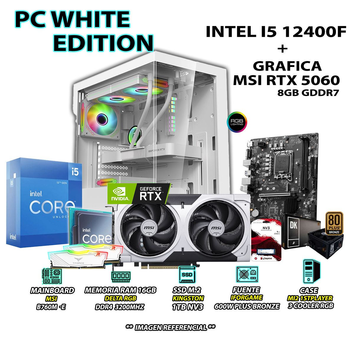 INTEL - Computadora PC Gamer Intel Core i5 12400F RAM 16GB SSD 1TB RTX 5060 8GB