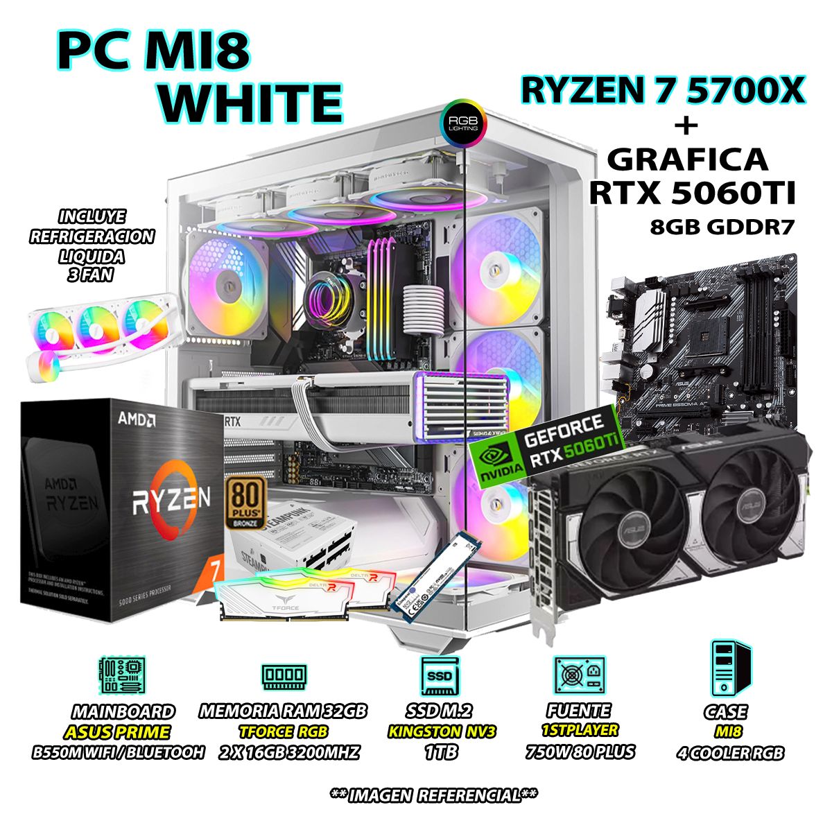 AMD - Computadora PC RYZEN 7 5700X RAM 32GB SSD 1TB GRAFICA RTX 5060TI 8GB