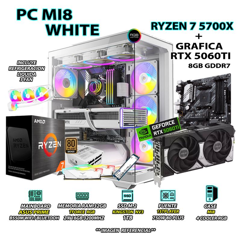 AMD - Computadora PC RYZEN 7 5700X RAM 32GB SSD 1TB GRAFICA RTX 5060TI 8GB