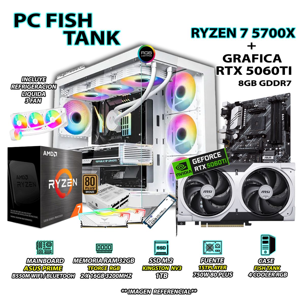 INTEL - Computadora PC Gamer RYZEN 7 5700X RAM 32GB SSD 1TB GRAFICA RTX 5060TI 8GB