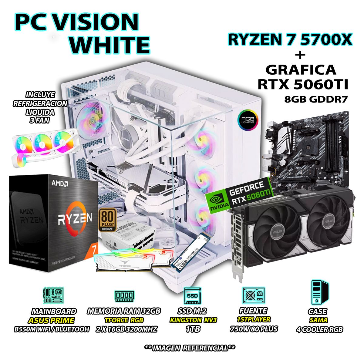 INTEL - Computadora PC Gamer RYZEN 7 5700X RAM 32GB SSD 1TB GRAFICA RTX 5060TI 8GB
