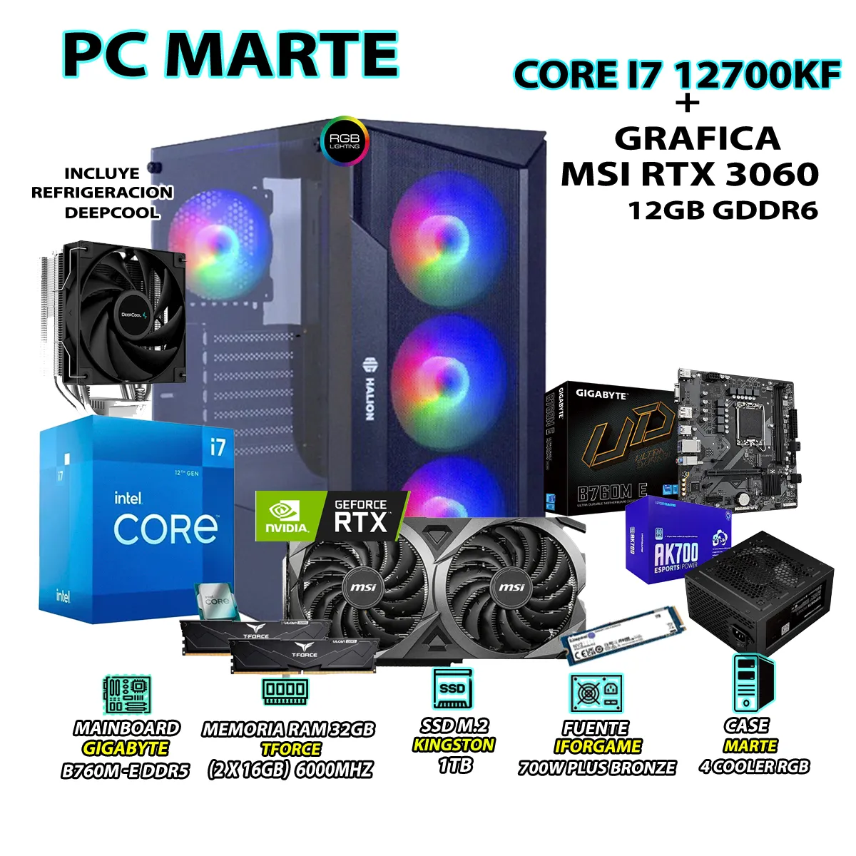 INTEL - Computadora Gamer Core i7 12700KF RAM DDR5 16GB SSD 1TB GRAFICA RTX 3060 12GB