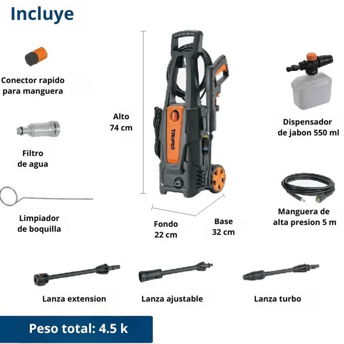 TRUPER - Hidrolavadora 1800 psi Alta presión 1500W 336L/H Truper