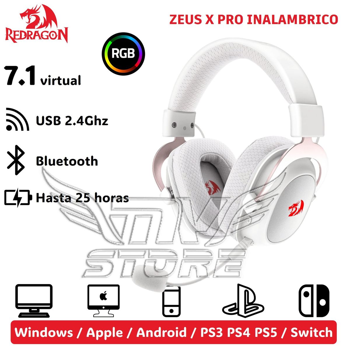 REDRAGON - Audífonos Redragon Zeus X PRO Wireless H510 WL Color Blanco