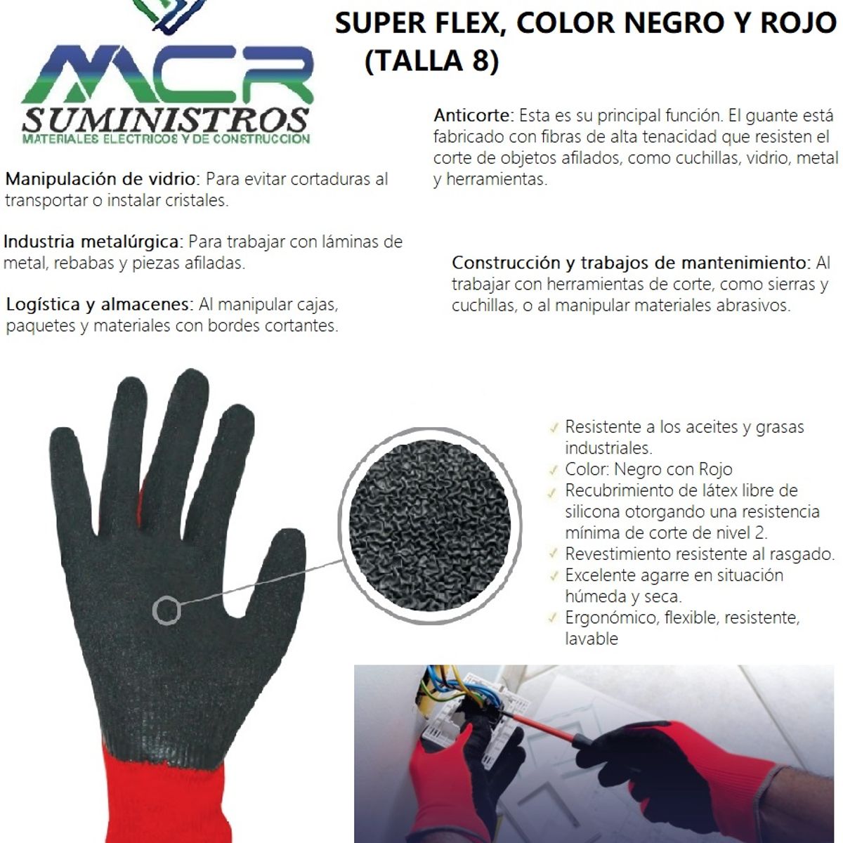 GENERICO - GUANTES PARA TRABAJO SUPER FLEX NEGRO Y ROJO, TALLA 8 (PRECIO POR DOCENA)