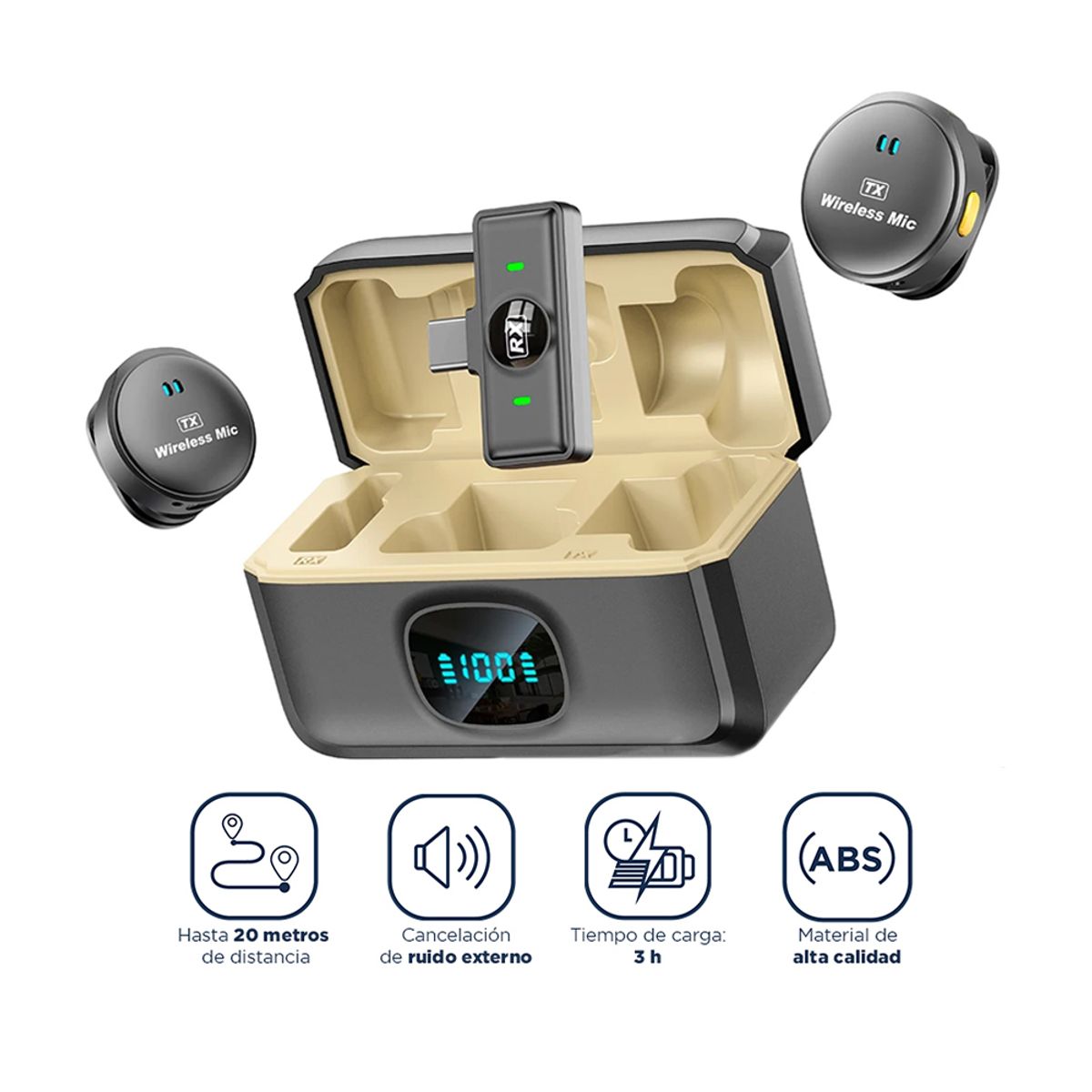 GENERICO - Micrófono Inalámbrico con Cargador y ANC 40 Horas Tipo C 2 TX + 1 RX