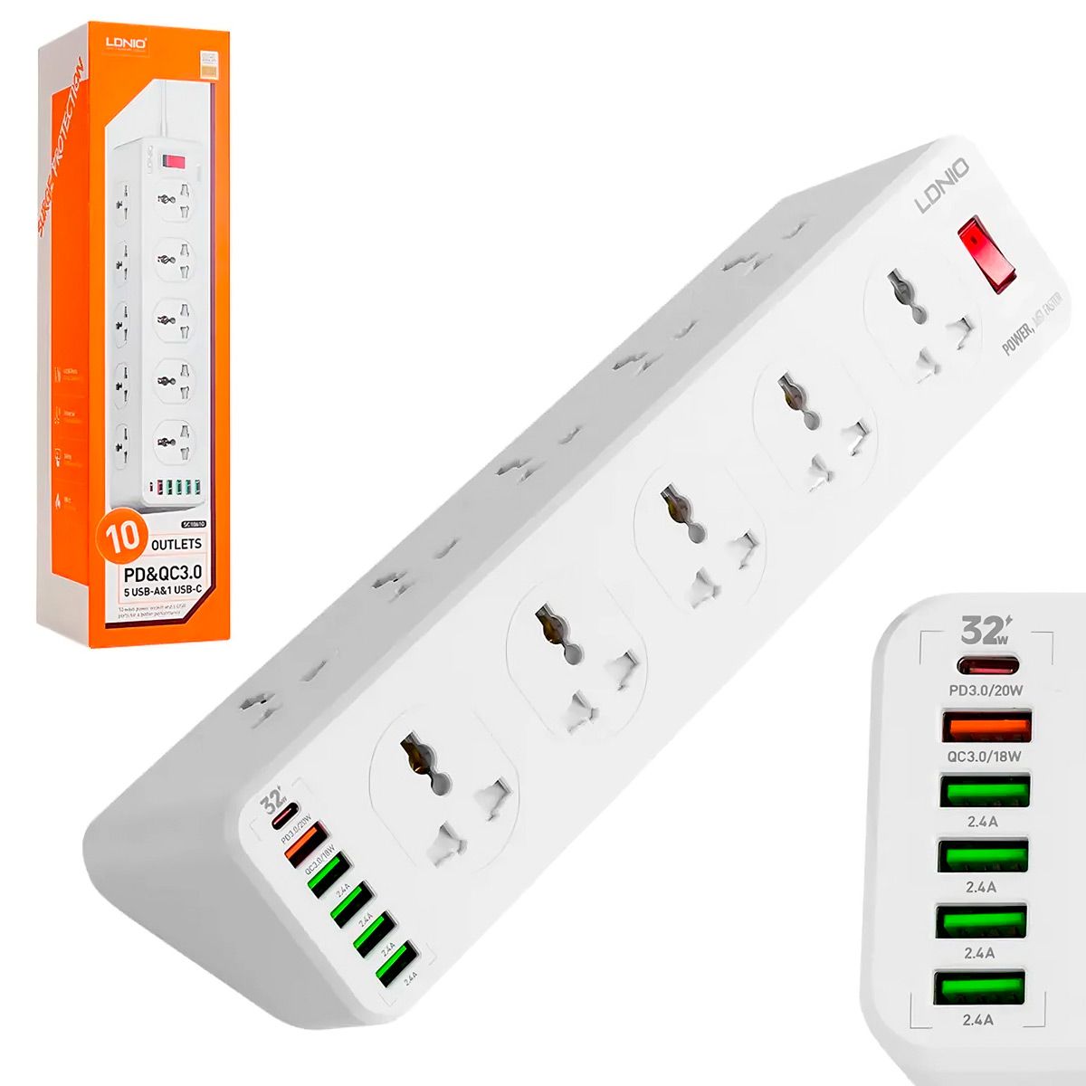 LDNIO - Toma Corriente De 10 Enchufes + 4 Usb Pd 20w LDNIO Sc10610