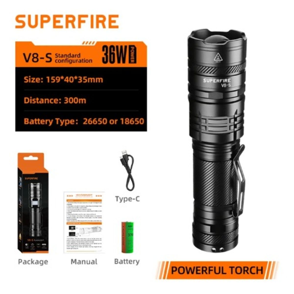 SUPER - Linterna Recargable Superfire V8-s 2300lm P90 Profesional