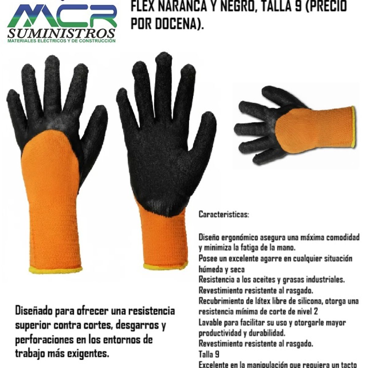 GENERICO - GUANTES ANTICORTE PARA TRABAJO SUPER FLEX NARANCA Y NEGRO, TALLA 9 (PRECIO POR DOCENA)