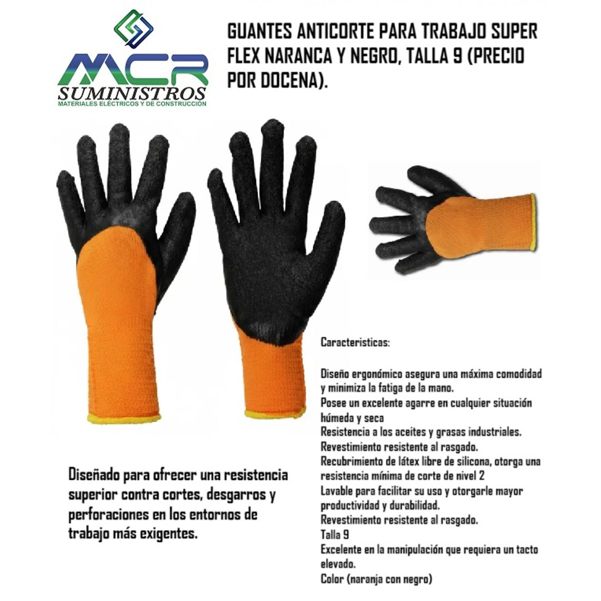 GENERICO - GUANTES ANTICORTE PARA TRABAJO SUPER FLEX NARANCA Y NEGRO, TALLA 9 (PRECIO POR DOCENA)