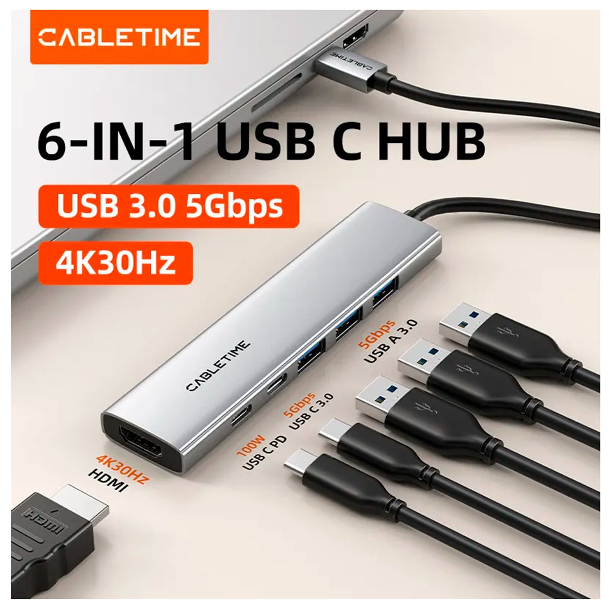 GENERICO - Adaptador Hub 6 en 1 Conector USB-C HDMI 100W cabletime