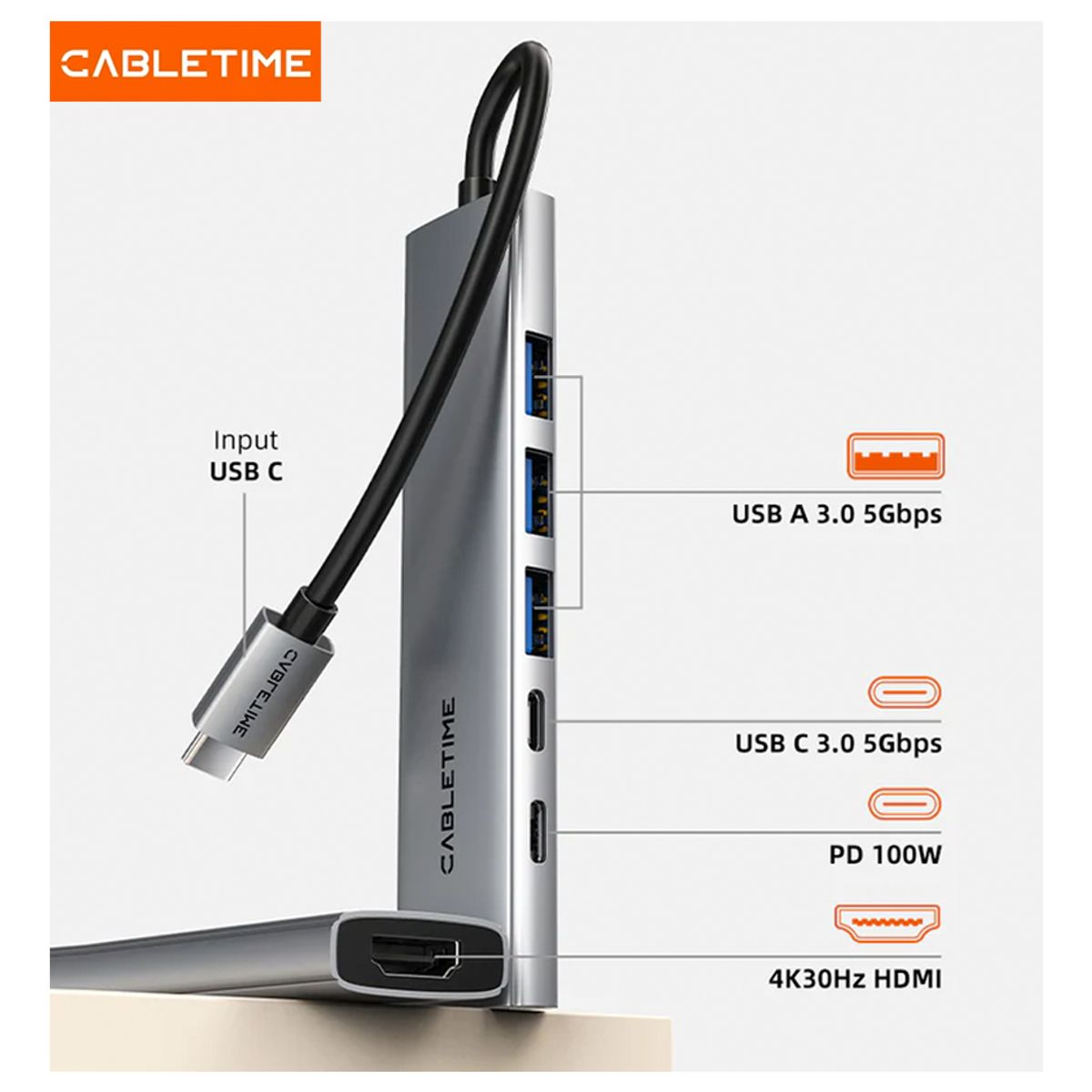GENERICO - Adaptador Hub 6 en 1 Conector USB-C HDMI 100W cabletime
