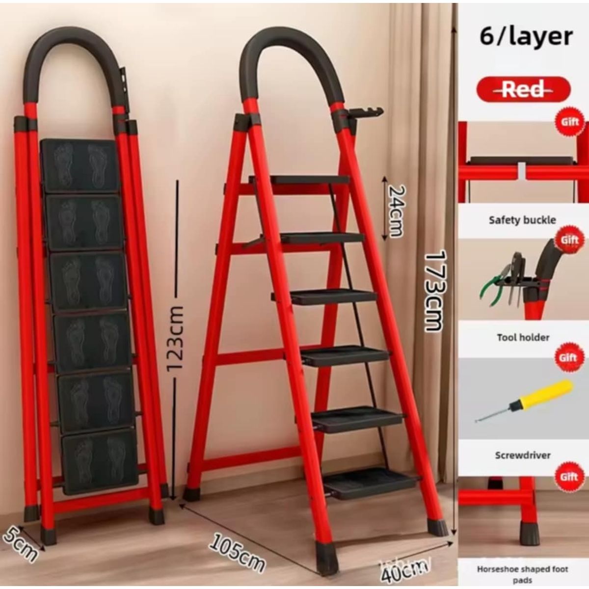 GENERICO - Escalera Tijera Plegable de 6 Escalones Multifunción Soporte Seguro