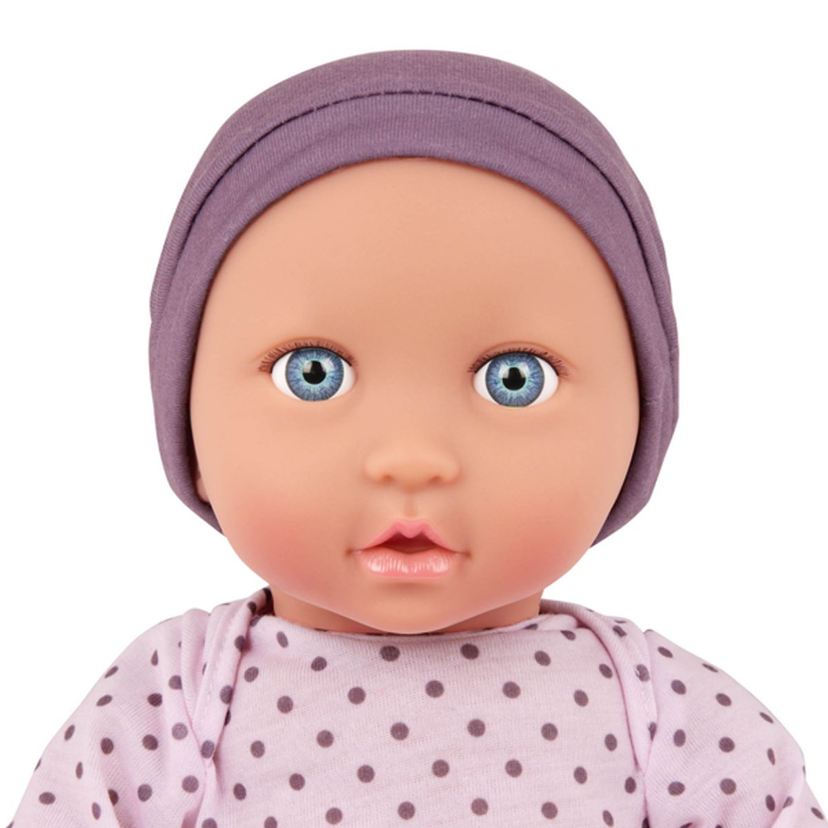 LULLABABY - Muñeco gorro lila y ojos azules