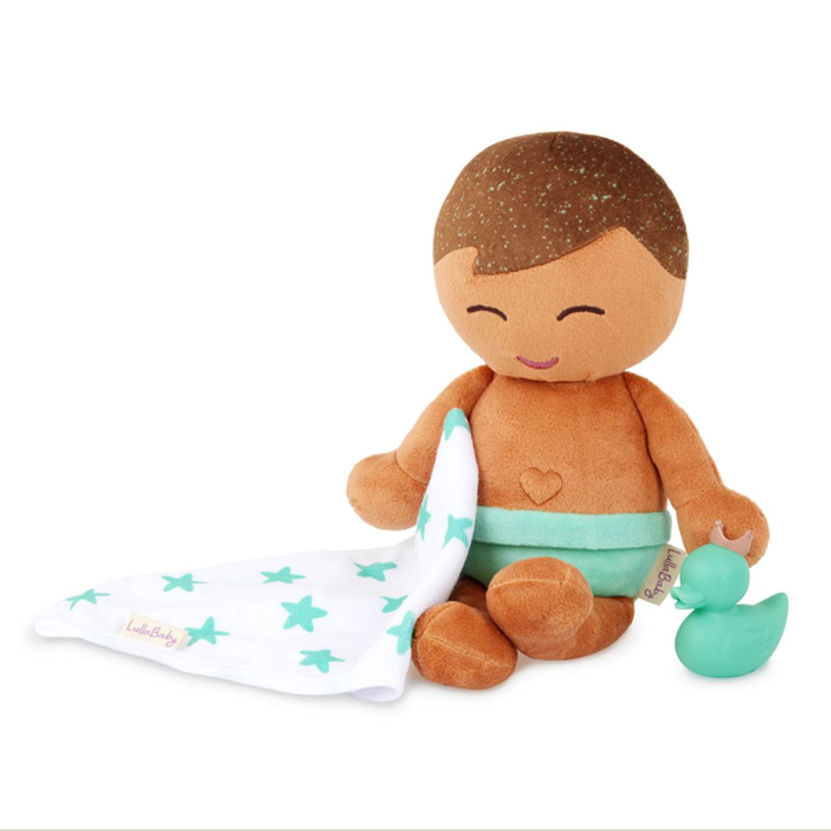 LULLABABY - Muñeco textil para tina pelo marron