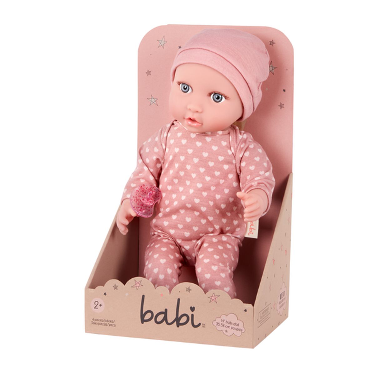 LULLABABY - Muñeco bebé con gorro rosa y ojos celestes modelo 1 nuevo