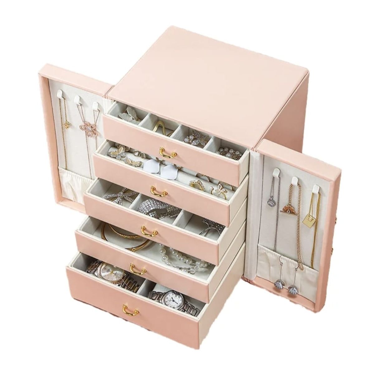 GENERICO - Joyero Organizador Portátil Rosa 5 Cajones Mas Laterales para Collares.