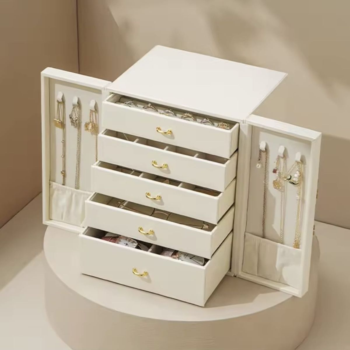 GENERICO - Joyero Organizador Portátil Blanco 5 Cajones Mas Laterales para Collares.