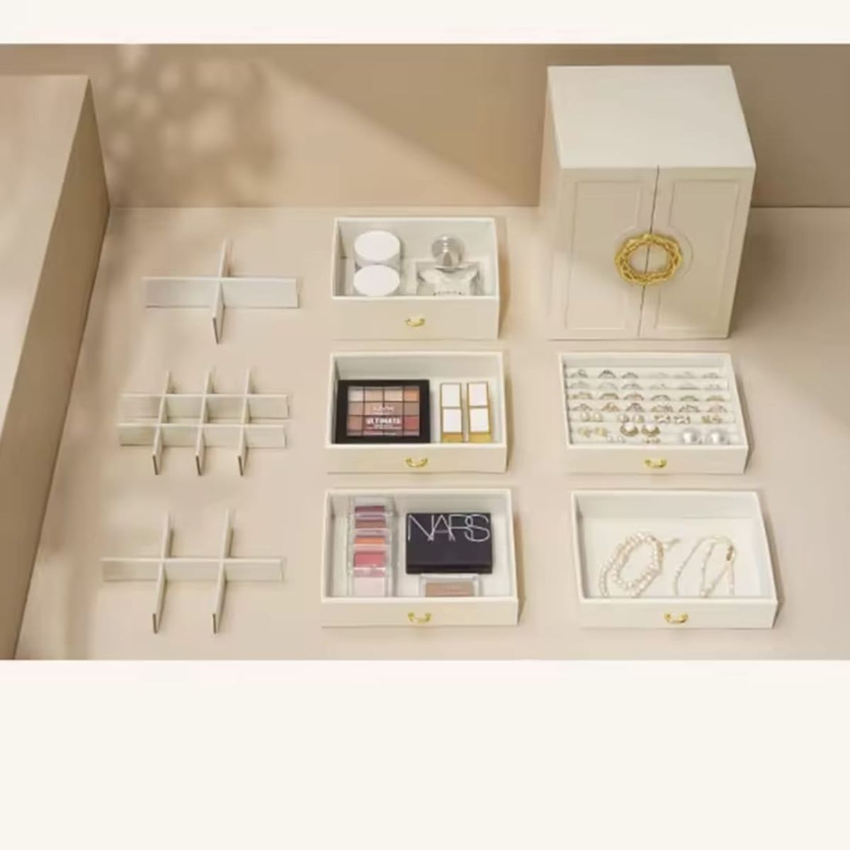 GENERICO - Joyero Organizador Portátil Blanco 5 Cajones Mas Laterales para Collares.