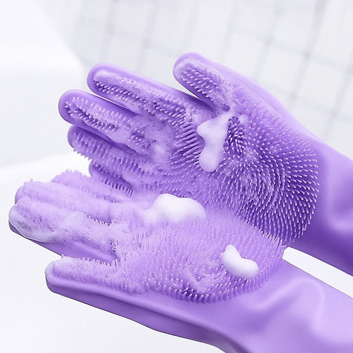 GENERICO - GUANTES DE LIMPIEZA TIPO CEPILLO DE SILICONA MULTIUSO MORADO