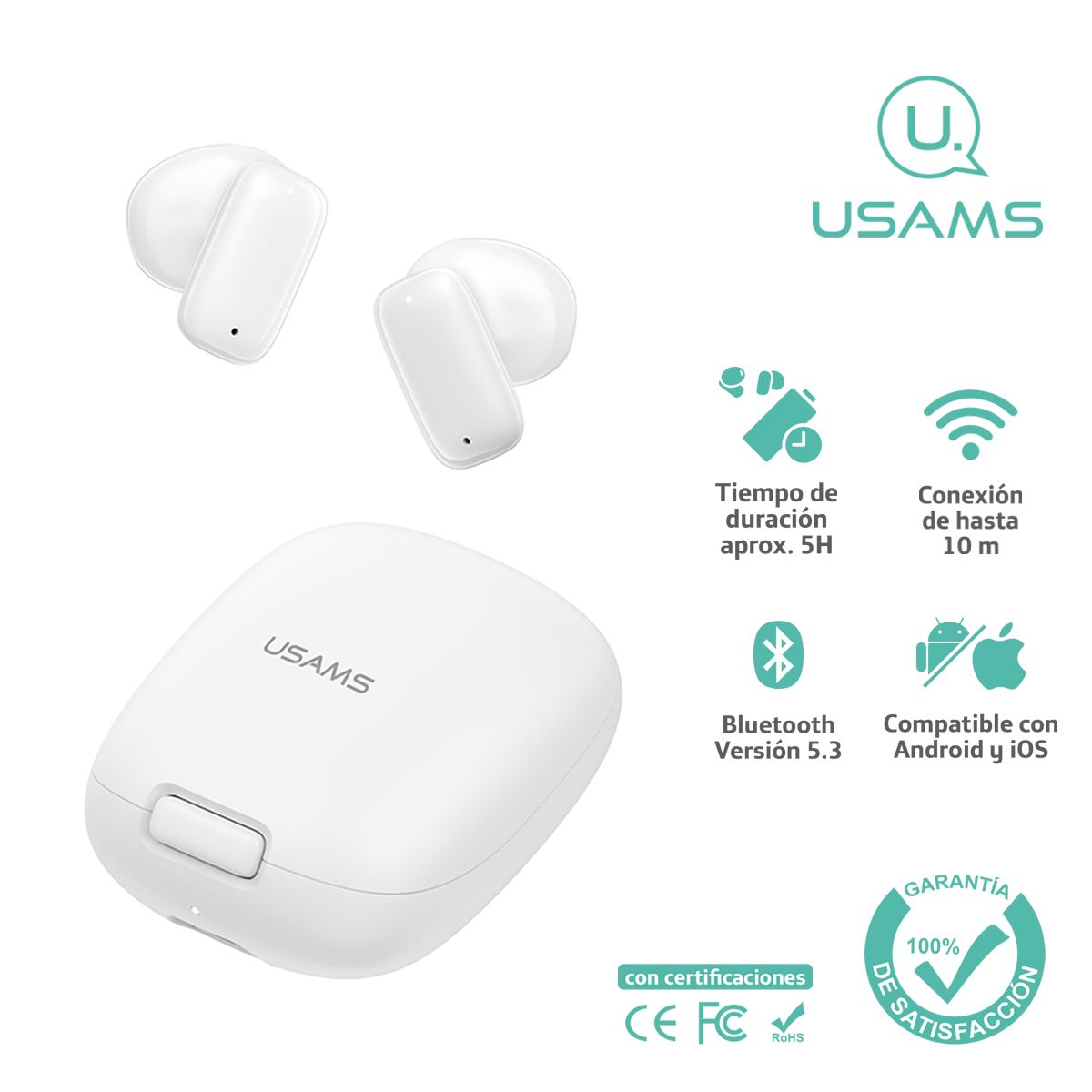 USAMS - Audífonos auriculares inalámbricos USAMS BT53 Blanco ID25