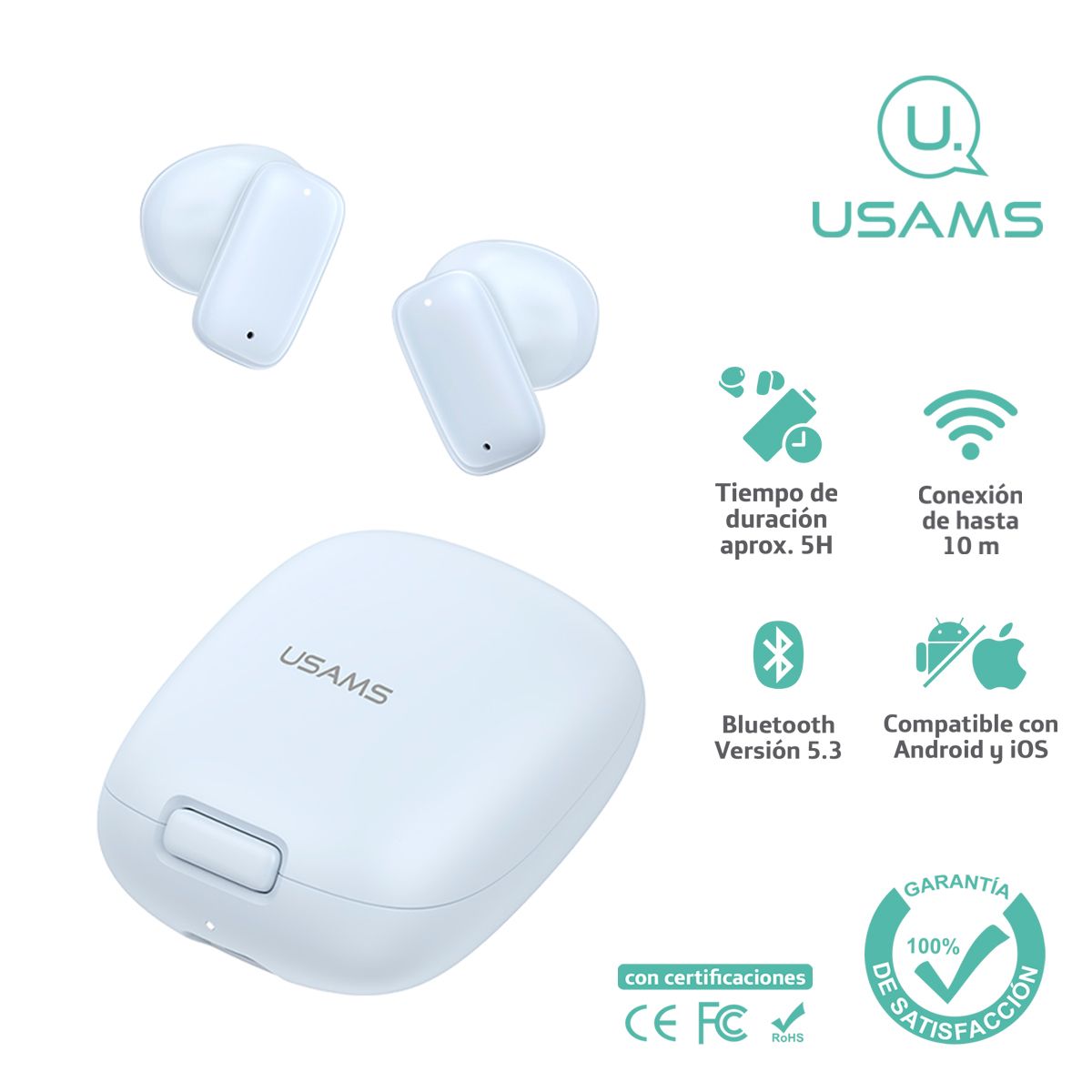 USAMS - Audífonos auriculares inalámbricos USAMS BT 5.3 Celeste ID25