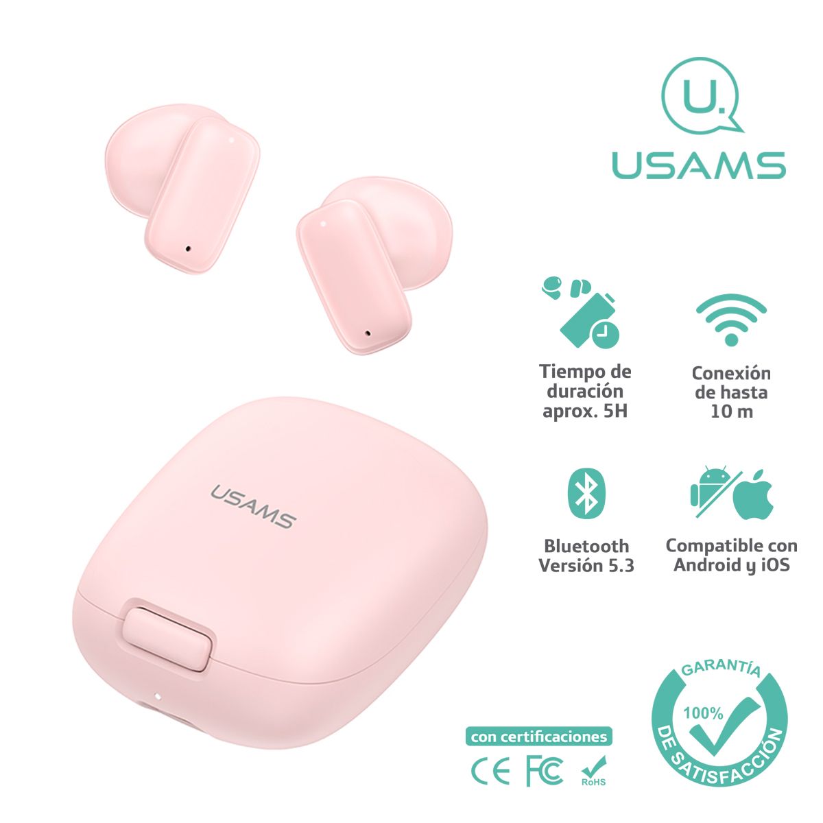 USAMS - Audífonos auriculares inalámbricos USAMS BT 5.3 Rosado ID25