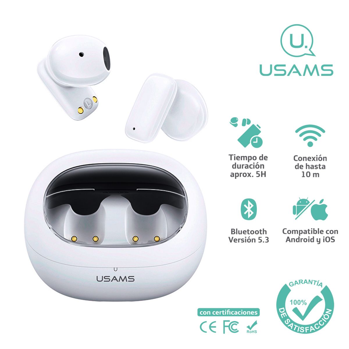 USAMS - Audífonos auriculares inalámbricos USAMS BT53 Blanco TD22