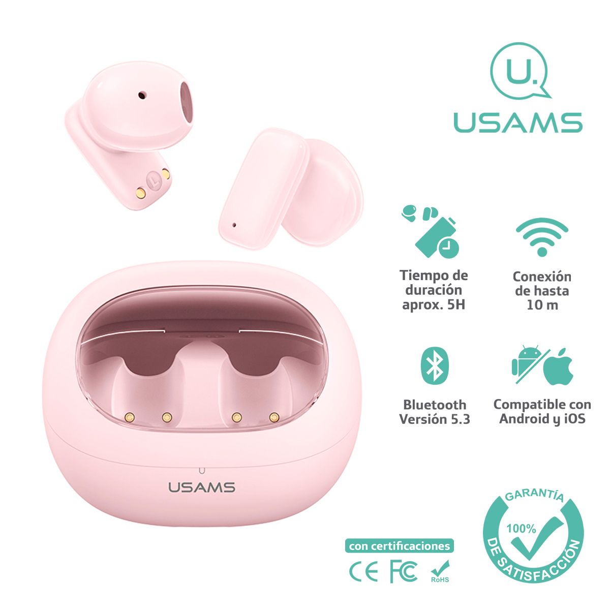 USAMS - Audífonos auriculares inalámbricos USAMS BT53 Rosado TD22