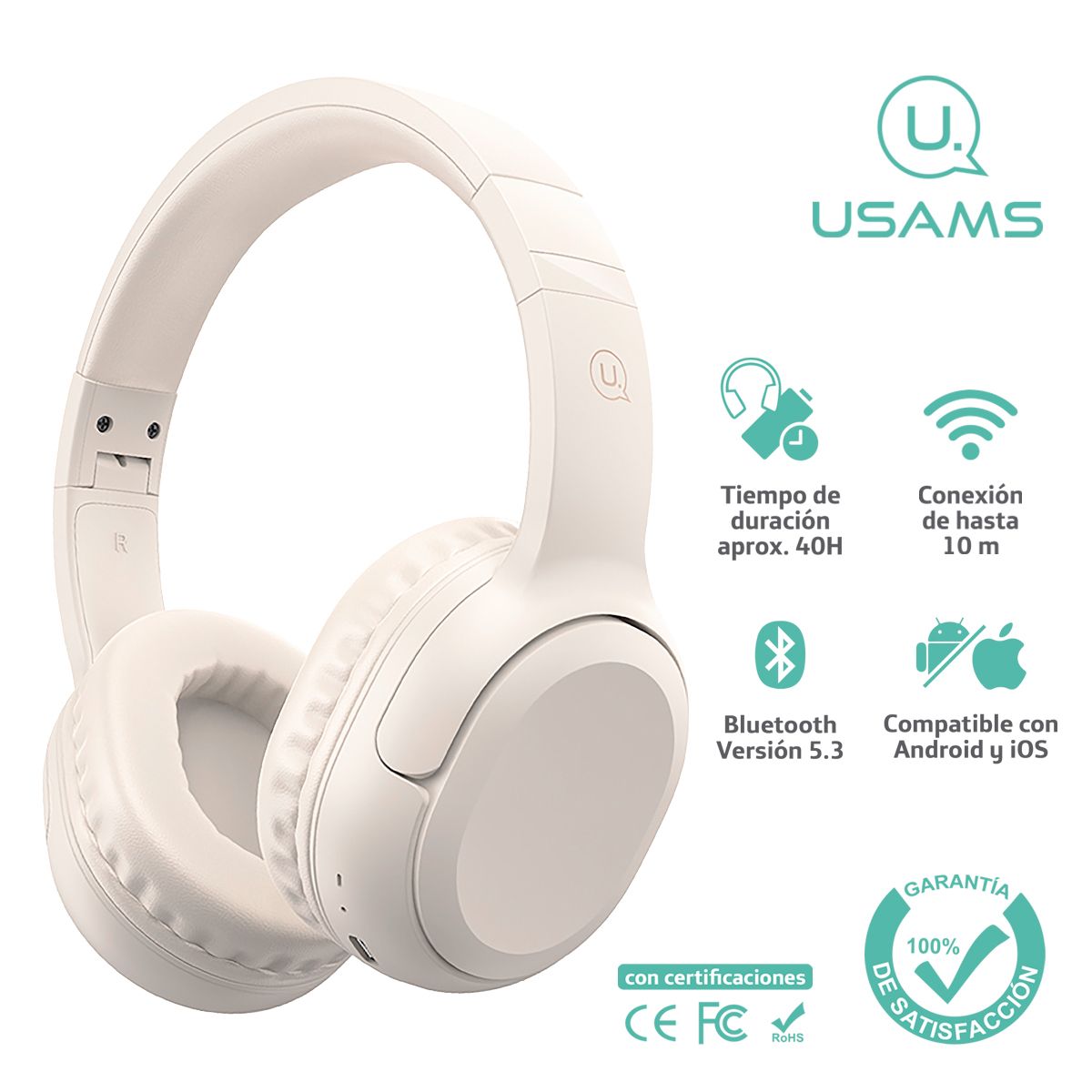 USAMS - Audífonos auriculares inalámbricos USAMS 40hs 5.3 Beige YG23