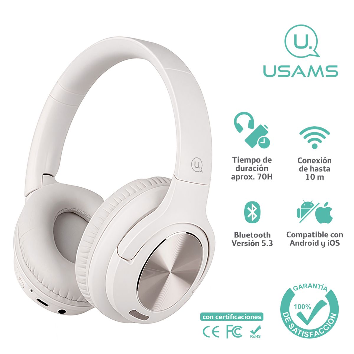 USAMS - Audífonos auriculares inalámbricos USAMS 70hs 5.3 Beige YH21