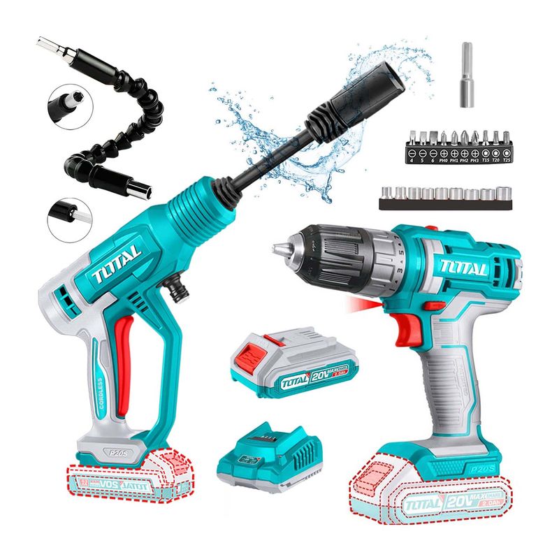 TOTAL TOOLS - TALADRO INALÁMBRICO 20V TOTAL + HIDROLAVADORA 2.8L/MIN + 21 ACCS