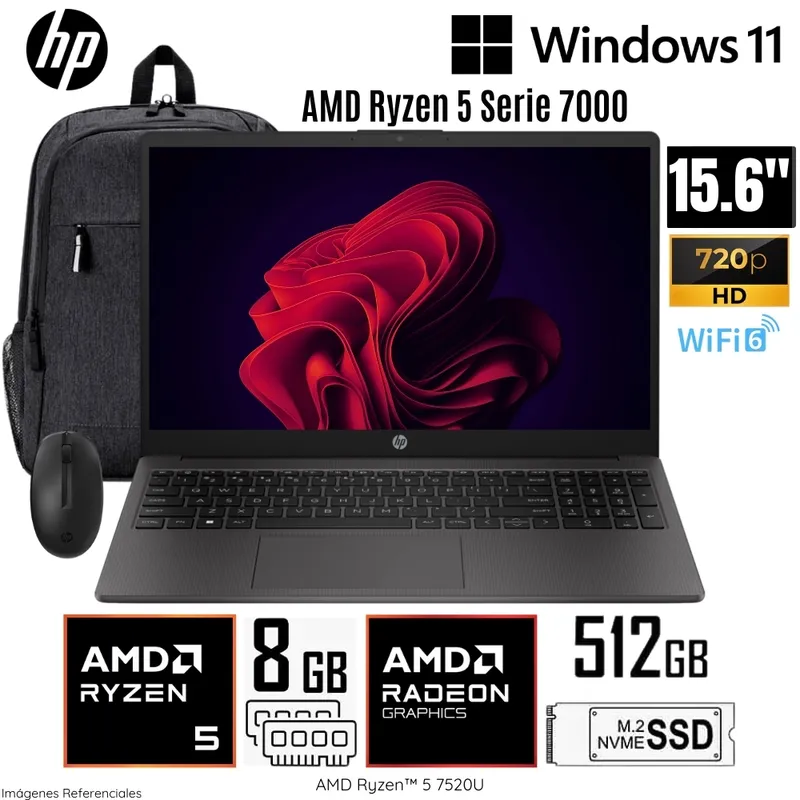 HP - Laptop HP 255 G10 AMD Ryzen 5-7520U 8GB RAM 512GB SSD 15.6"  HD + Mochila y Mouse HP - A12HBLT