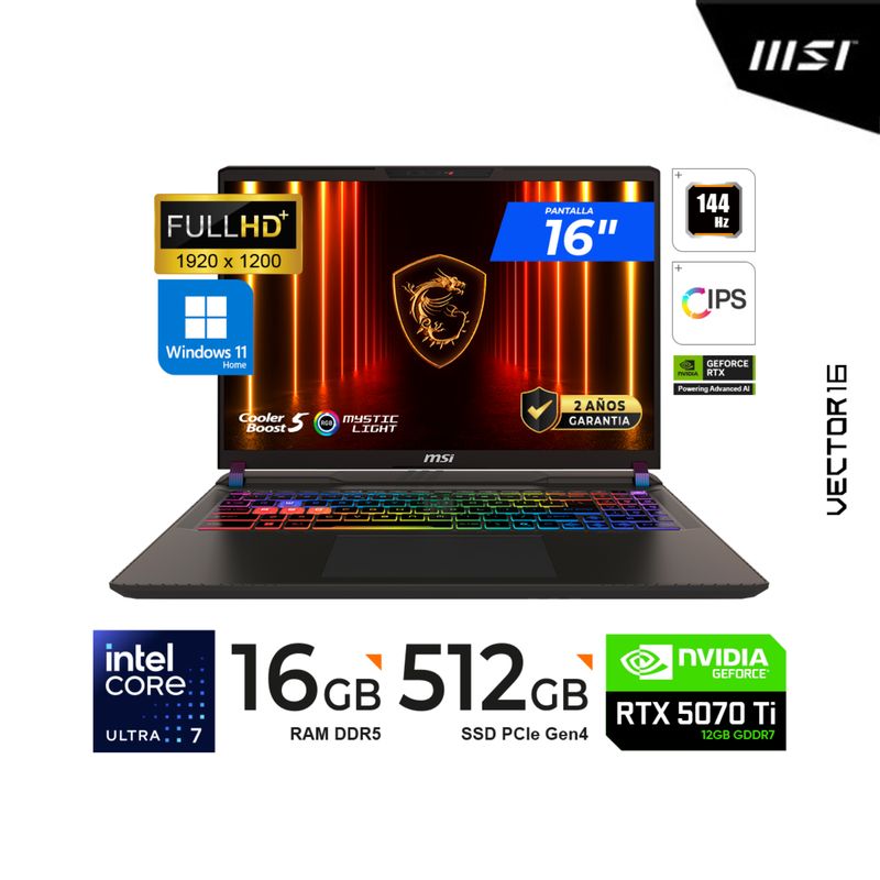 MSI - LAPTOP MSI VECTOR 16 HX AI 16" FHD IPS, ULTRA I7-255HX, 16GB, 512GB M.2, RTX 5070TI 12GB / WIN 11 H.