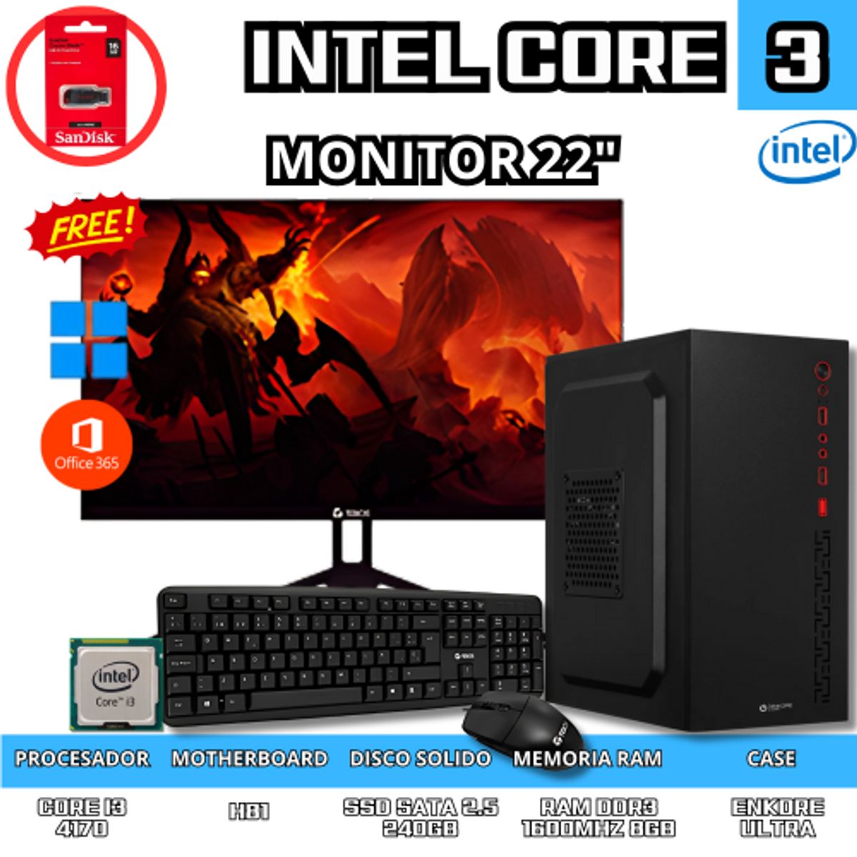 INTEL - COMPUTADORA  DE ESCRITORIO INTEL  CORE I3/ 8GB RAM/ 240GB SSD/ MONITOR 22 PULGADAS