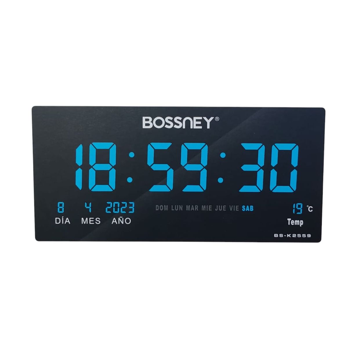 GENERICO - Reloj Digital BOSSNEY de Pared 46x22cm Hora Azul Fecha Temperatura